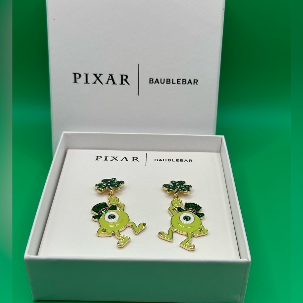 BaubleBar Pixar Disney Mike Wazowski St Patricks’s Day earrings NIB - Picture 5 of 5